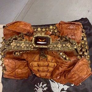 Brown Genuine Crocodile Clutch with Gold Accents Chain Shoulder Strap